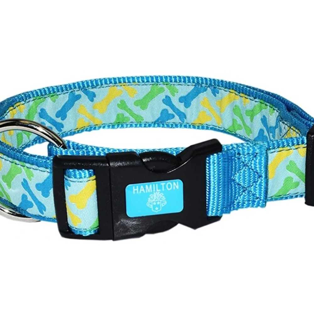 2 /$15  Hamilton Dog Collar Nylon Ribbon Overlay  18 to 26 Blue Yellow Bones